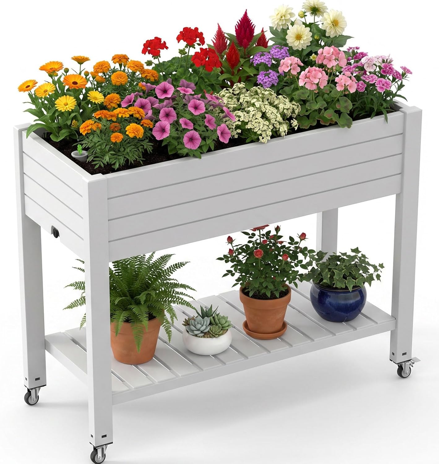 Raised Garden Bed - Tekerlekli ve Ekstra Depolama Raflı, Su